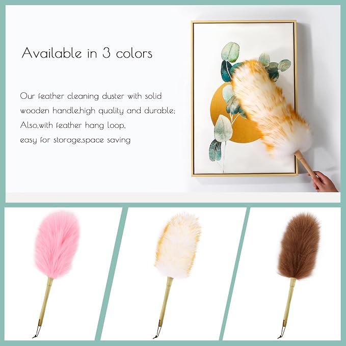 Lambswool Duster 14'' Length Solid Wooden Handle Leather Hang Strap for Cleaning Ceiling Fans Window Blinds Computer Furniture Figurines TV Natural Feather Duster,Pink