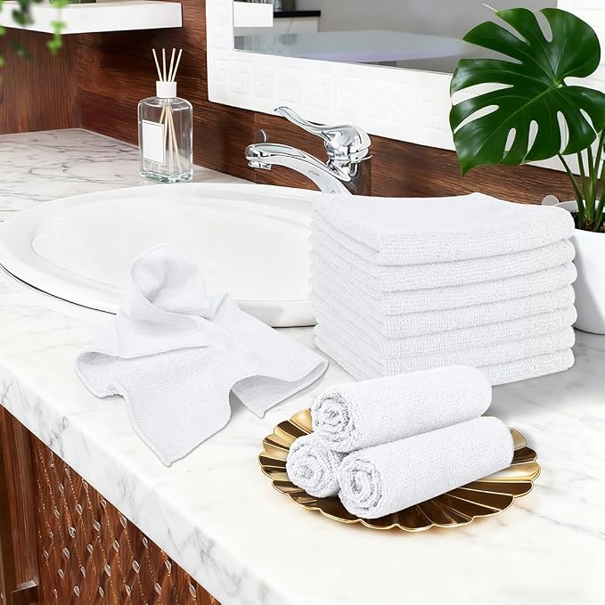 Orighty Washcloths, 5 Pack Microfiber Face Towels, 12x12 Inch White | Highly Absorbent & Soft Feel, Multi-Purpose Wash Cloths & Hand Towels for Bathroom, Hotel, Spa, and Gym