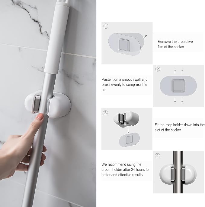 BEZOX Broom Holder, 3 PCS Wall Mount Mop Organizer Gripper, Self-adhesive Cleaning Suppliers Hanger Stands Rack for Bathroom, Kitchen, Garden, Garage Organization Storage