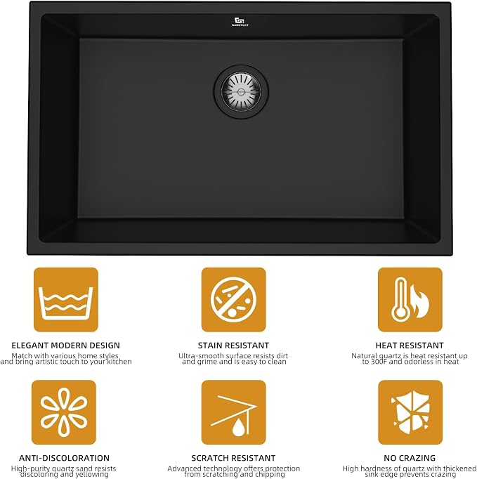 30-inch Granite Composite Kitchen Sink, GABETLET Undermount Quartz Kitchen Sinks with Spacious Workspace and Easy Cleaning, Black Single Bowl Deep Sink with Complete Accessories
