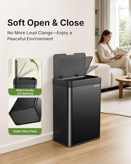 13.2 Gallon Automatic Kitchen Trash Can, Touchless Sensor Garbage Can,Black | Built‑in 1500mAh Rechargeable Battery,Stainless Steel Motion Sensor Trash Can, Silent Close Lid Smart Trash Bin for Home