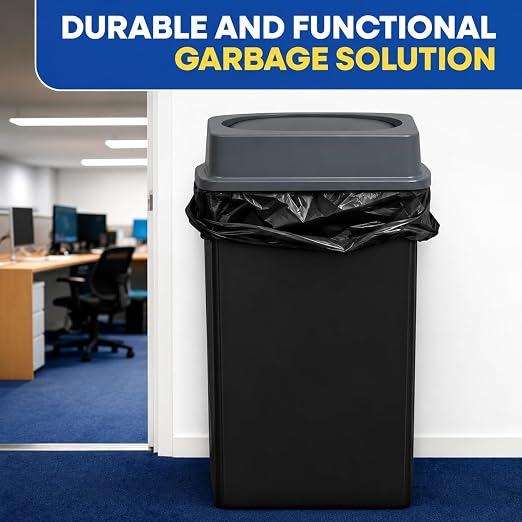 PLASTIC PRINCE 23 Gallon Slim Trash Can with Swing Lid Commercial Rectangular Garbage Can with Drop Shot Lid Waste Bin with Double Flip Top for Restaurant Home Kitchen Office, Black/Gray 2 Pack