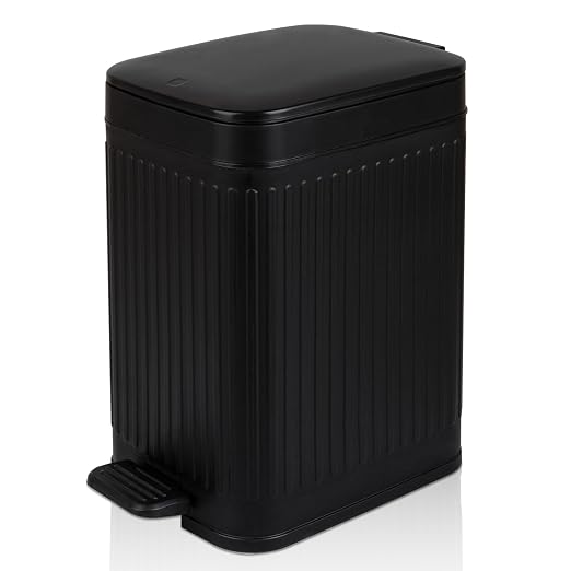 Small Bathroom Trash Can with Lid, 1.9 Gallon Slim Soft Close Step, Black | Garbage Can with Pedal for Office, Bedroom, Kitchen & Living Room, Narrow Plastic Wastebasket Container for Small Spaces