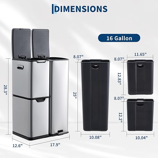 TrailBlaze Triple Compartment Stainless Steel Trash & Recycling Bin Combo – 16 Gallon, Removable Inner Buckets, Collapsible Foot Pedal – Step-On Garbage Can for Kitchen, Home, Office