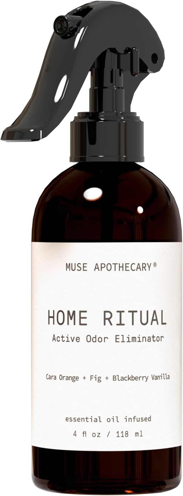 Muse Apothecary Home Ritual Active Odor Eliminator Spray - Furniture Deodorizer Spray & Bathroom Odor Eliminator for Home - Essential Oil Air Freshener - 4oz, Cara Orange + Fig + Blackberry Vanilla