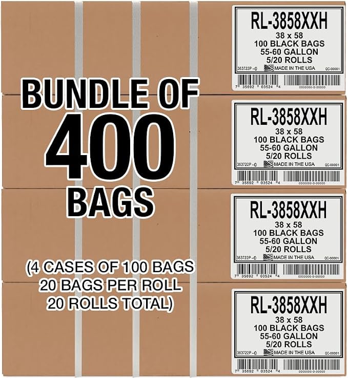 Aluf Plastics T-Tough Roll Pack Low Density Repro Blend Star Seal Coreless Rolls Bag, 55-60 Gallon Capacity, 58" Length x 38" Width, XXH Strength, Black (Pack of 400)