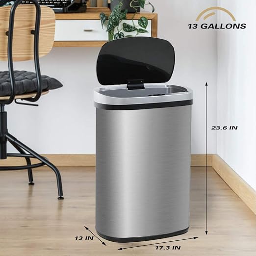 FDW | 13 Gallon Stainless Steel Trash Can with Lid | Silver | Automatic Touchless Lid with Motion Sensor | Kitchen Garbage Can with Waterproof Design | for Home, Office, Bathroom