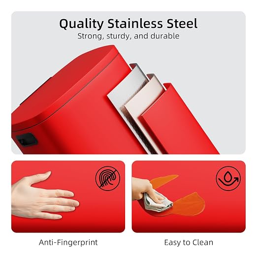 KUK 13 Gallon Kitchen Trash Can with Lid, 50L/13Gal Office Step Garbage Can for Home, Kitchen, Laundry Room, Office, Brushed Stainless Steel, Red