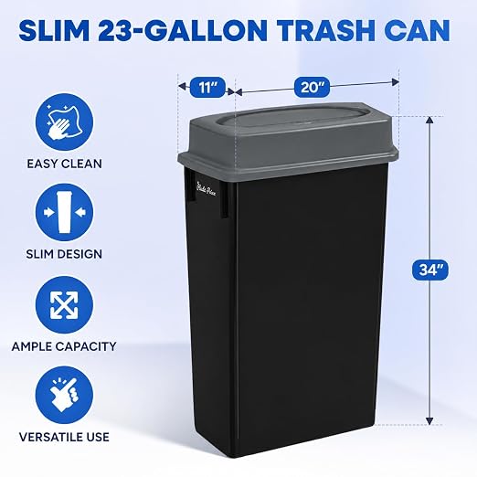 PLASTIC PRINCE 23 Gallon Slim Trash Can with Swing Lid Commercial Rectangular Garbage Can with Drop Shot Lid Waste Bin with Double Flip Top for Restaurant Home Kitchen Office, Black/Gray 2 Pack