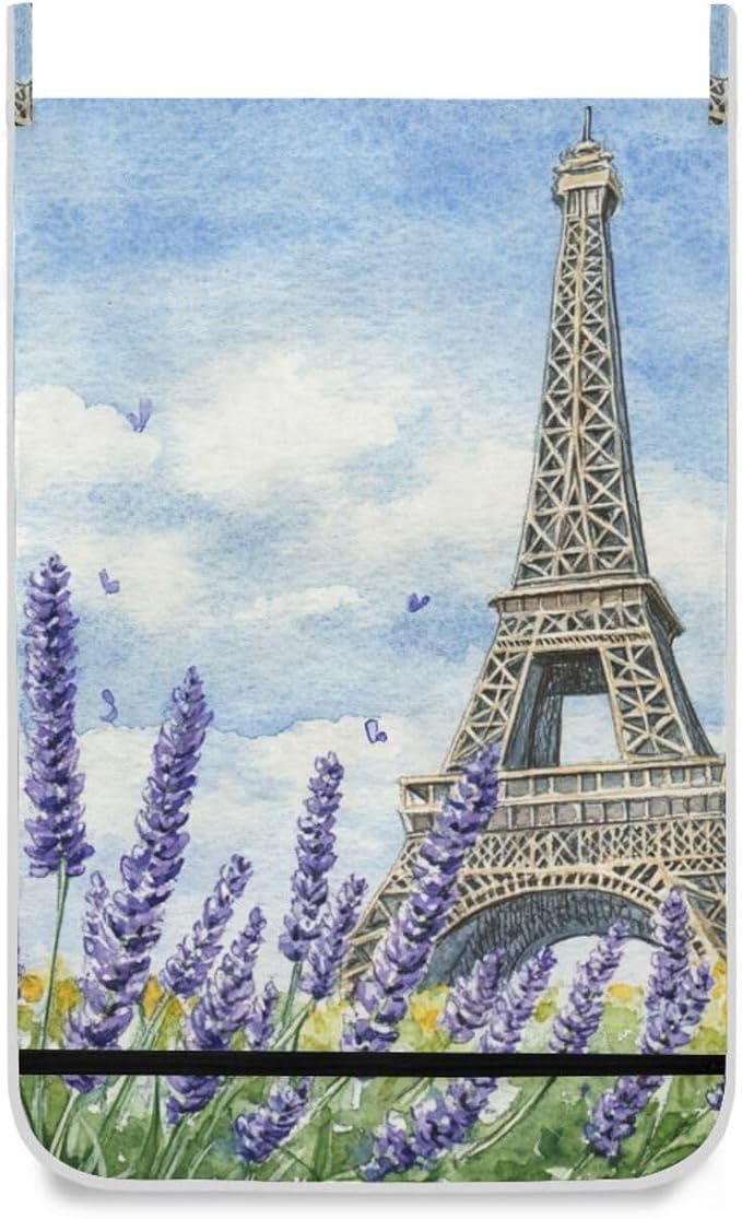 Hanging Laundry Hamper with Stainless Steel Hooks,Oxford Fabric Printing Door Laundry Clothes Bag, 29.5X20inch 2PCS Lavender Eiffel Tower Watercolour Blue