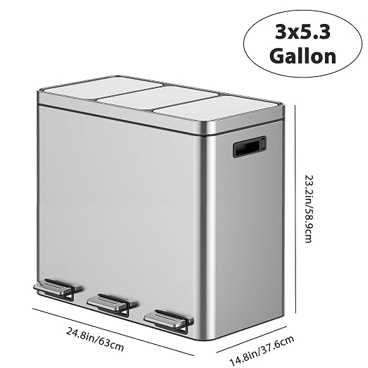 TrailBlaze Trash Can with Lids, 60L/16 Gal 3 Compartments Pedal Stainless Steel Kitchen Recyclingtrash Bin with Odor Seal， Removable Buckets, for Office Home Kitchen Garbage Can Trash Bin