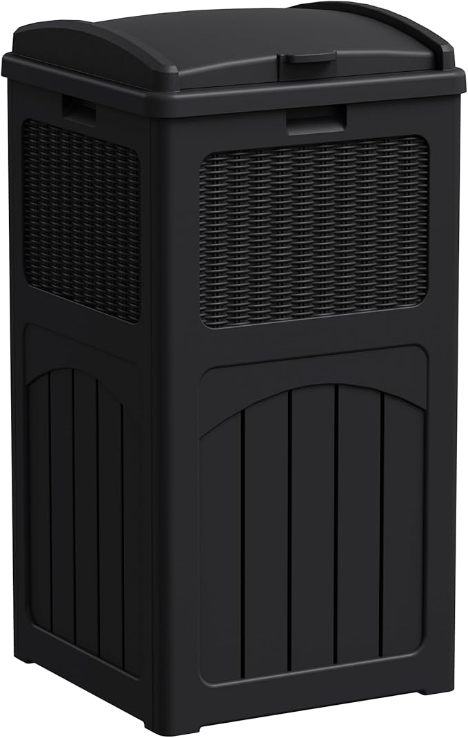 Greesum 33 Gallon Outdoor Trash Can with Lid, Waterproof, Dark Black | Resin Garbage Bin,UV-resistant for Hideaway, Patio, Deck, Light
