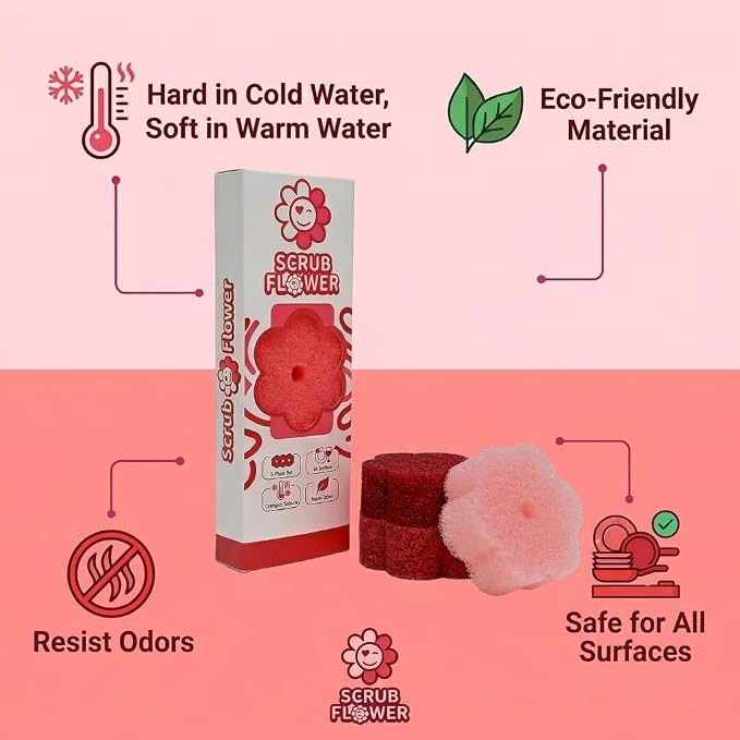 Scrub Flower Temperature Sensitive Sponges, Wild Poppy, 3 Count | Firm when cold and soft when warm, these odor-resistant scrubbers clean dishes, kitchen surfaces and more.