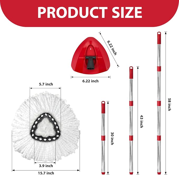 Spin Mop Replacement Set for EasyWring 1-Tank - 2 Heads + Handle + Base | Microfiber, Washable, Long-lasting, Rust-Resist Adjustable Handle (30"-58"), Smooth Triangle Base, Floor Cleaning(No Bucket)
