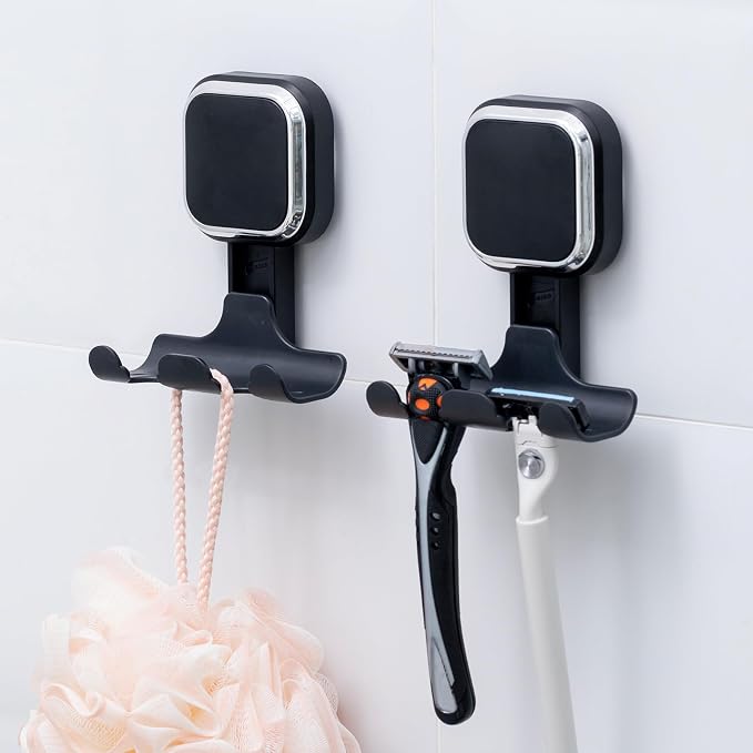 LEVERLOC Vacuum Suction Cup Razor Holder for Shower 2 Pack, Heavy Duty Shower Hooks for Towel, Loofah, Razor, Cell Phone, Damage-Free Hanging Plated Suction Cup Hooks, Easy to Install and Reuse, Black