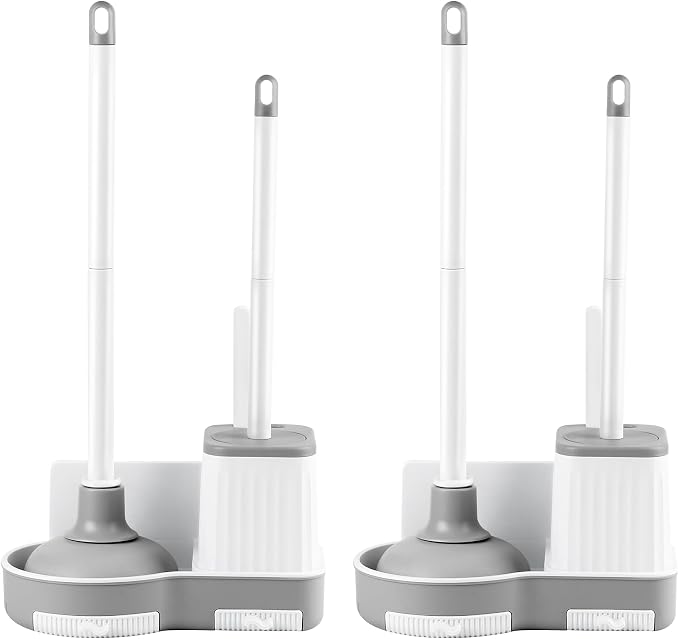 2 Pack Toilet Brush and Plunger Set, Plunger and Brush Set, White | Nylon Bristles, Strong Suction Plunger, With a drip tray, Bathroom Cleaning Tools,Apartment essentials, compact floor storage