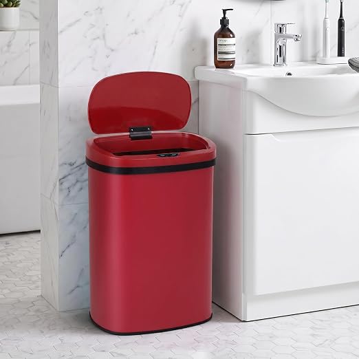 BLKMTY 13-Gallon Stainless Steel Trash Can with Lid, Red, 50L | 50 Liters Garbage Can, Touchfree Motion Sensor Garbage Bin, Tall Automatic, For Home Office Bathroom