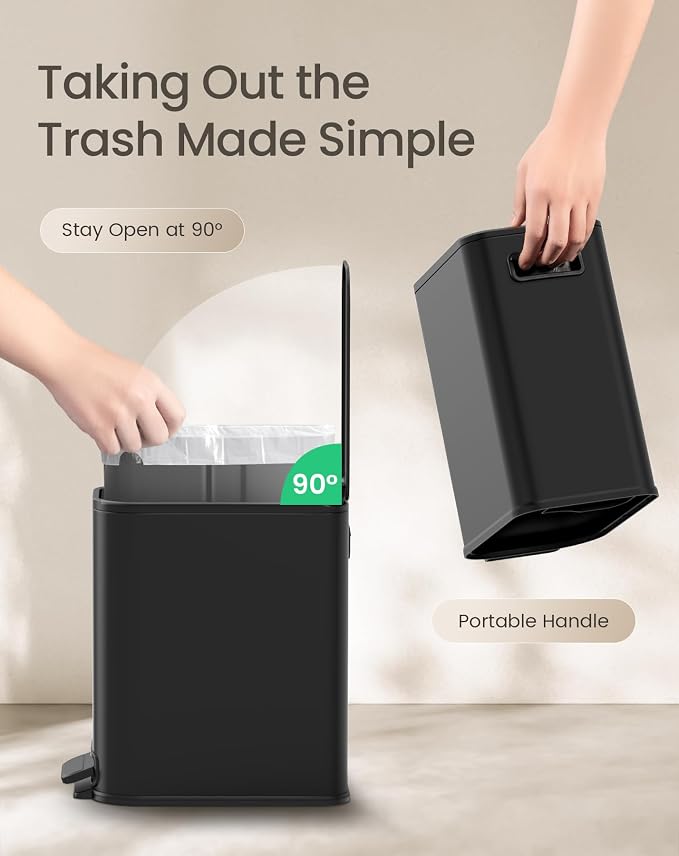 Cesun Small Black Bathroom Trash Can with Lid Soft Close & Pedal, 1.3 Gal | Removable Inner Bucket, Slim Stainless Steel Garbage Can for Bedroom/Office, Included 5 Trash Bags, Hidden Bag, Built to Last