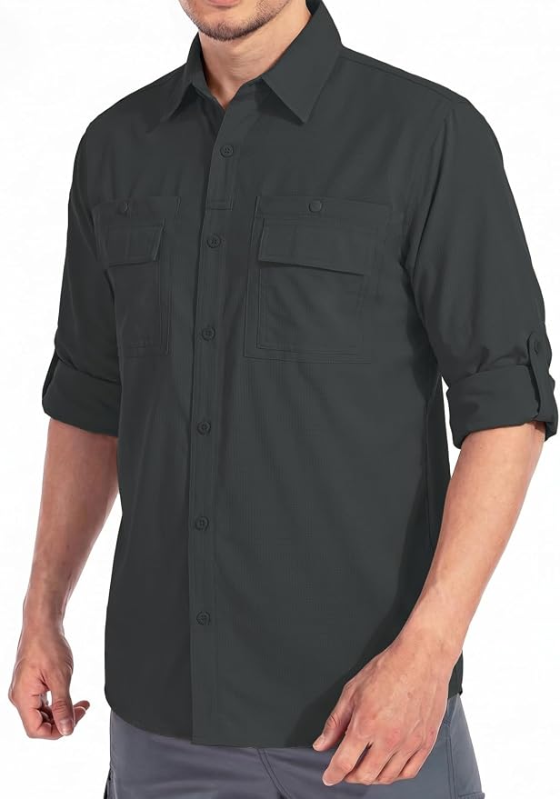 linlon Men's Safari Shirt UV Sun Protection Long Sleeve Hiking Travel | Button Down Mesh Back Vents UPF 50+ Quick Dry Breathable Cool Lightweight Outdoor Travel Fishing Gardening Clothes