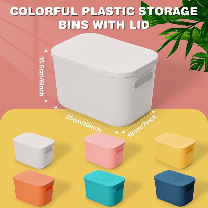Thyle 12 Pack Classic Colorful Plastic Storage Bins with Lids, Back to School Stackable Storage Container with Handle Label for Organizing Toy Craft for Classroom Shelf Bedroom Office 10 x 7 x 6 Inch