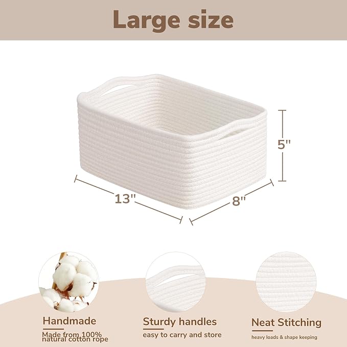 Goodpick 3-Pack Woven Storage Baskets for Organizing, 13 x 8 x 5 in | 13 x 8 x 5 in Empty Baskets for Shelves, Dog Toy Basket, Closet Baskets for Organizing, Empty Baskets for Gifts, White