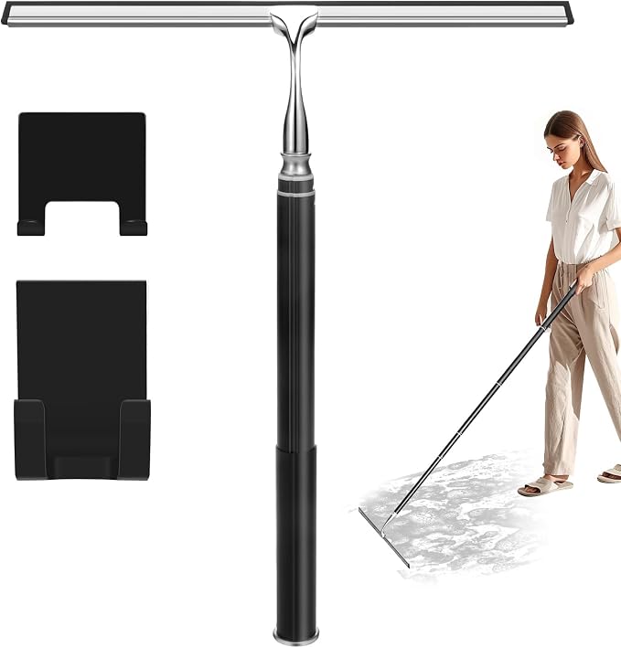 Shower Squeegee with Long Handle,Window Squeegee with Extension Pole Squeegee for Shower Glass Floor Squeegee, Telescoping Shower Squeegee for Glass Door, Tile Wall, Car,Floor | 2 Hooks, Squeegee for Shower Glass Floor Squeegee, Telescoping Shower Sque...