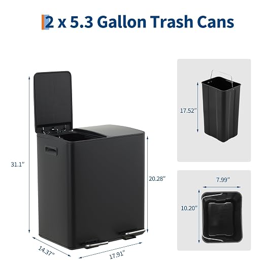 Dual Compartment Trash Can 40L (2x20L), Stainless Steel Recycling Bin with Removable Buckets, Soft Close Odor-Sealing Lid, Collapsible Pedal, Fingerprint Resistant for Home Kitchen or Office