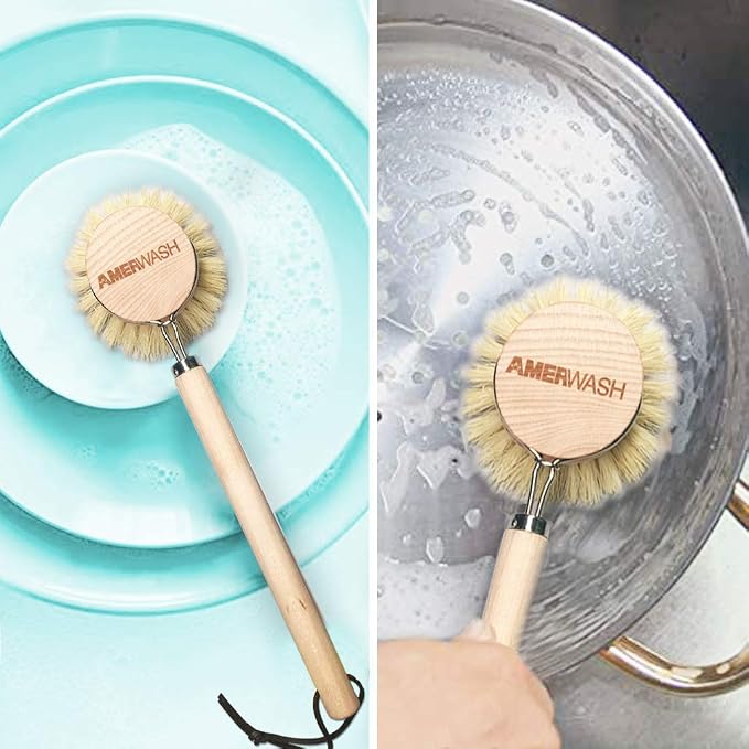 AMERWASH PLUS Dish Brush with Wooden Handle, Natural Kitchen Brush for Dishes Vegetable, Pots and Pans, Tampico Fiber Bristles Scrubber, Extra 3 Pack Replacement Head Included