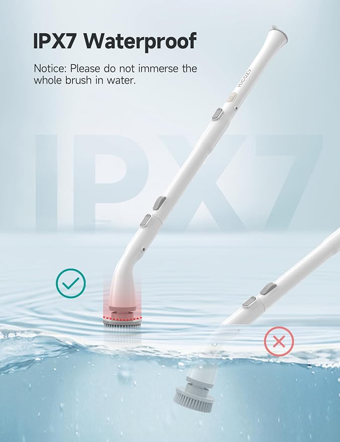 Electric Spin Scrubber HS1, Cordless Shower Scrubber for Cleaning with 4 Replaceable Brush Heads Adjustable Extension Handle, IPX7 Waterproof Cleaning Brush for Bathroom Floor White
