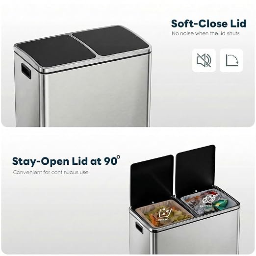 ComfyCorner 2 x 8 Gallon (2 x 30 L) Rectangular Stainless Steel Trash Can | Dual Compartment Garbage Bin with Recycling Combo, Metal Dustbin Lid,Removable Liner,Hands Free Waste Bucket for Kitchen Home