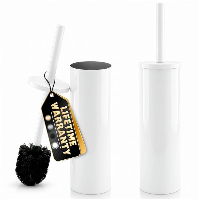 2Pcs Stainless Steel Toilet Brush and Holder Set, Hand Guard (White) | Toilet Bowl Brush and Holder, Removable Inner Bowl, Dense Bristles, Long Handle, Scratch Resistant, for Modern Bathrooms