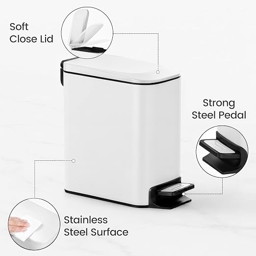 TIPGO Small Bathroom Trash Can with Lid, 1.6 Gal, Soft Close, White | Stainless Steel, 5.9'' Slim for Narrow Space, Foot Pedal, Soft Quiet Lid, Anti-fingerprint, Removable Inner Bucket, Odor Seal