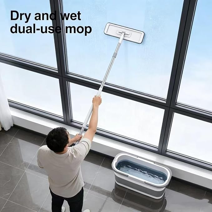 Large Flat Mop and Scalable Bucket with Wheels | 360 Rotating Microfiber Dust Mop, Dewatering Scraper, 54" Adjustable Stainless Steel, 1 Mop 6 Microfiber Pads 1 Bucket