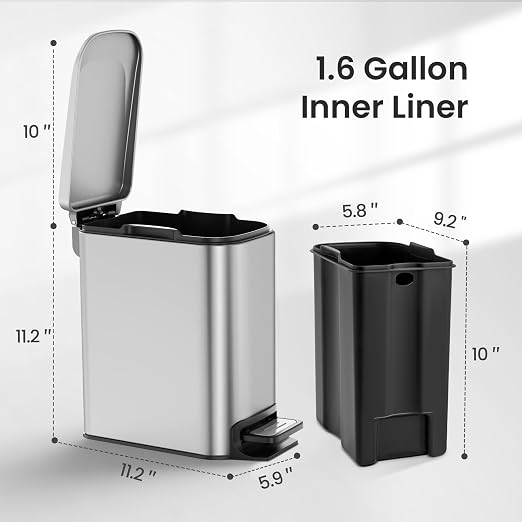 Cesun Small Bathroom Trash Can with Lid, 1.6 Gal, Soft Close, Sliver | Step pedal soft close, Slim 5.9in fits narrow spaces, Stainless steel, Anti-fingerprint, Removable inner bucket, Odor seal