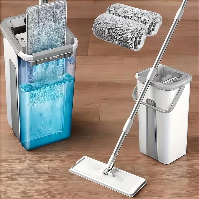 Mop and Bucket Set with AUTO Pump, 3-Zone Separate Dirty and Clean Water, Flat Mop and Bucket System with Wringer and Wheels, 2 Reusable Microfiber Pads, One-Touch Water Filling for Home Cleaning