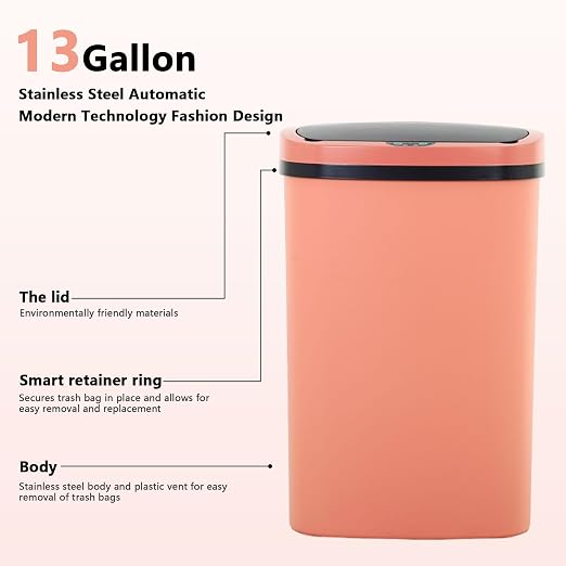 13 Gallon/50 L Kitchen Trash Can with Lid, Garbage Can with Touch-Free Lid, Cute Trash Bin Automatic Bathroom Trash Can, Motion Sensor Waterproof Trash Bin