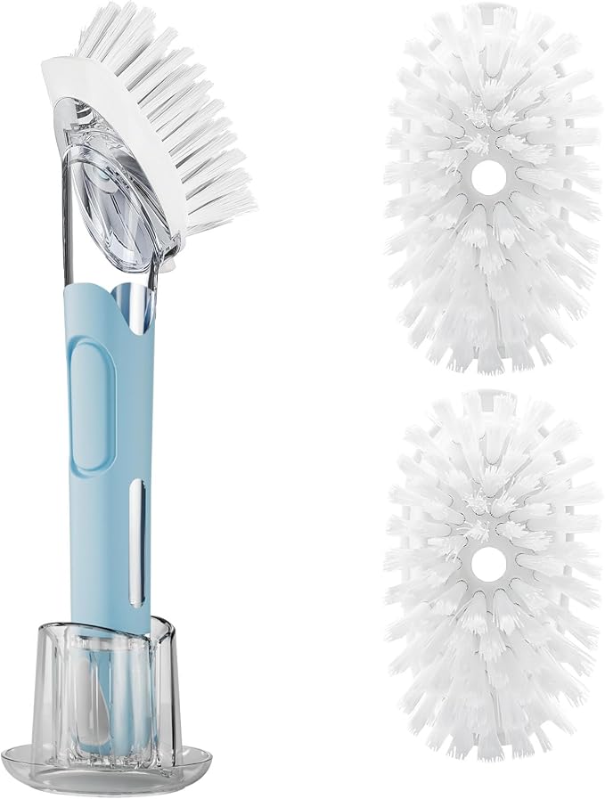 RIMAY Soap Dispensing Dish Brush Set with 2 Brush Refills and Holder | Dish Scrubber with Handle Kitchen Dishwashing Brush Dish Wand for Dishes, Pans, Pots And Sink, Blue