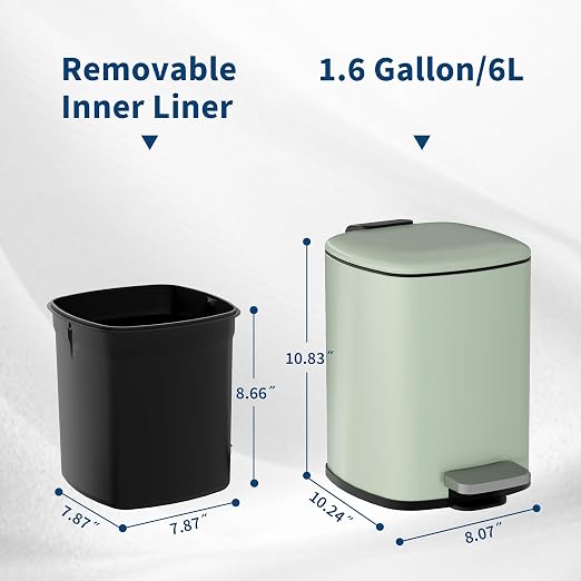 Garvee Bathroom Trash Can with Lid, 1.6 Gallon Small Garbage Can, Green | Step Pedal, Soft-close Lid, Rear Handle, Removable Plastic Inner Liner with Trash Bag Retainer Ring, for Kitchen, Office
