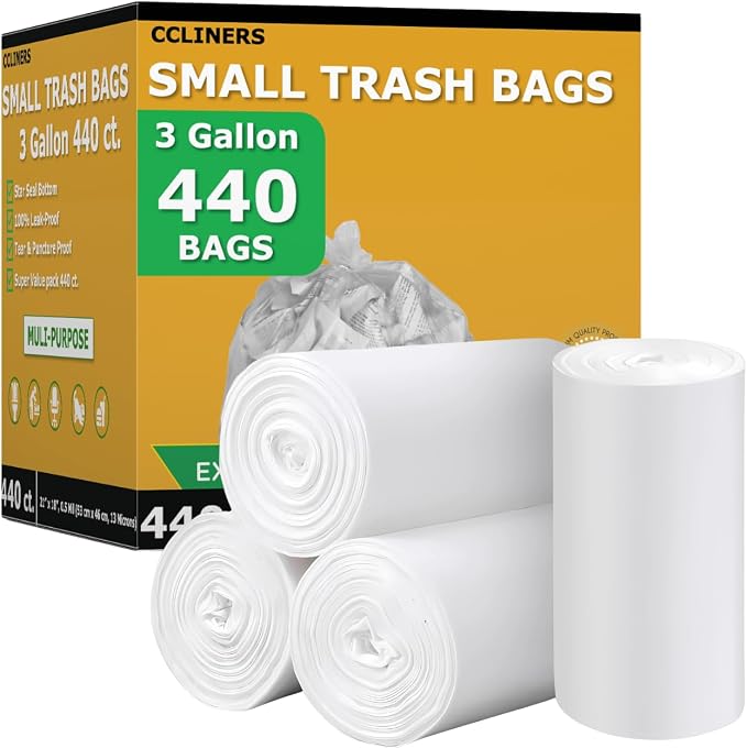 Small Trash Bags 3 Gallon Garbage Bags (440 Count) Bathroom Clear Plastic Wastebasket Can Liners Fits 2 Gallon 4 Gallon for Home and Office Bins (440 Bags)