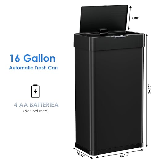 Sensor Trash Can, Touchless Motion Sensor Trash Bin | Smart Automatic Garbage Can with Soft-Close Lid, Bag Retainer Ring and Display Light, for Kitchen, Office (Black, 16 Gal)