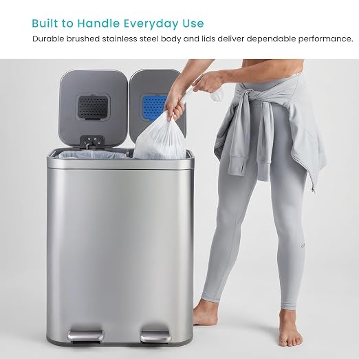 Home Zone Living 13 Gallon Kitchen Trash Can with Dual Compartments | Stainless Steel with Soft-Close Step Pedal Lids for Recycling and Bag Storage Drawer, Rectangular Design, Silver