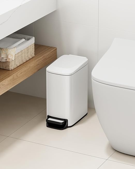 TIPGO Small Bathroom Trash Can with Lid, 1.6 Gal, Soft Close, White | Stainless Steel, 5.9'' Slim for Narrow Space, Foot Pedal, Soft Quiet Lid, Anti-fingerprint, Removable Inner Bucket, Odor Seal