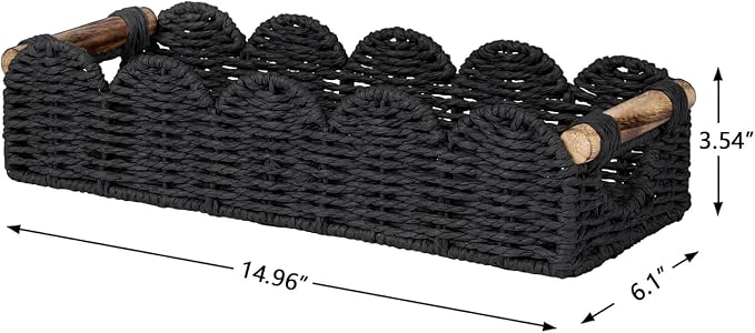 CubesLand Toilet Tank Paper Storage Basket Bathroom Decor Organizer Basket | Scalloped Decor Basket for Home, Living Room, Nursery, Wicker Bathroom Shelves Organization & Decorative Tray, Black