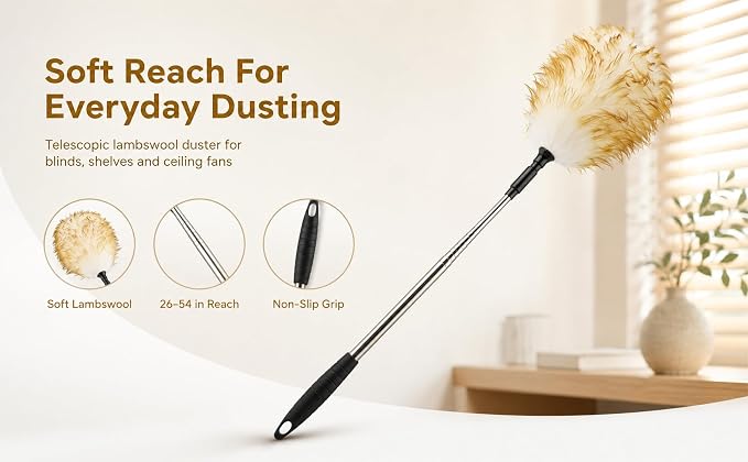 Lambswool Extendable Cleaning Duster 26-54 Inch, Stainless Steel Pole, Soft Non-Slip Handle, Washable & Reusable for High Ceiling Fans, Blinds, Furniture - Yellow & White
