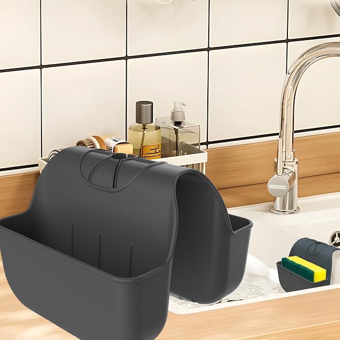 Sponge Holder for Kitchen Sink, Silicone Sink Saddle Caddy Organizer Rack, Sponges Holder Over Faucet, Hanging Kitchen Organizer Accessories Rack Basket-Black