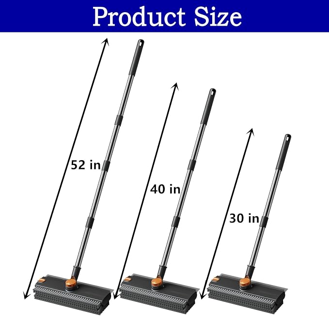 Floor Scrub Brush with Squeegee Long Handle 3 in 1 tub Brush 52'' 2026 Upgraded Multi-Functional Stiff Bristle Cleaning Scrub Brush Rotating Tile Brush for Cleaning Bathroom Patio, Pool, Garage