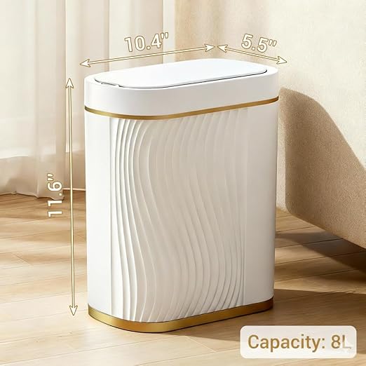 FreSup Motion Sensor Bathroom Trash Can with Lid, Automatic Small Trash Bin | IPX5 Waterproof, Aesthetic, Whisper Quiet, Slim Garbage Can for Bedroom, Restroom, Office, Smart White and Gold WasteBasket