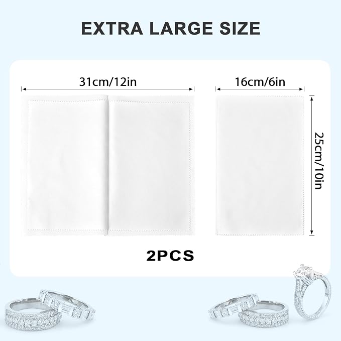 SEVENWELL Silver Polishing Cloth, 2PCS Large Jewelry Cleaning Cloths | Dual-Layer Cleaning, Large 10" × 12", Reusable, Removes Tarnish, Restores Shine, For Sterling Silver, Gold & Platinum
