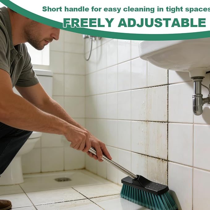 Small Floor Scrub Brush with 4-Section Stainless Steel Handle, 52" Adjustable Long Handle, 5-Row Dense Flagged Bristles, for Tile, Bathroom, Patio, Indoor & Outdoor Cleaning (Black+Green)