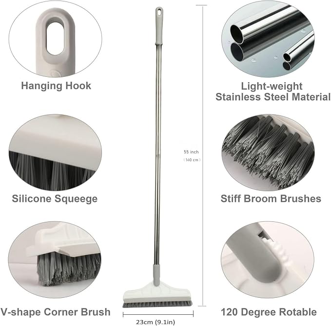 2 in 1 Floor Brush Scrubber with Long Handle Grout Brush 3 Poles 53.5'' New Upgrade Stiff Bristle Cleaning Scrub Brush with Squeegee 120°Rotating Tile Brush for Cleaning Bathroom Glass Patio Kitchen